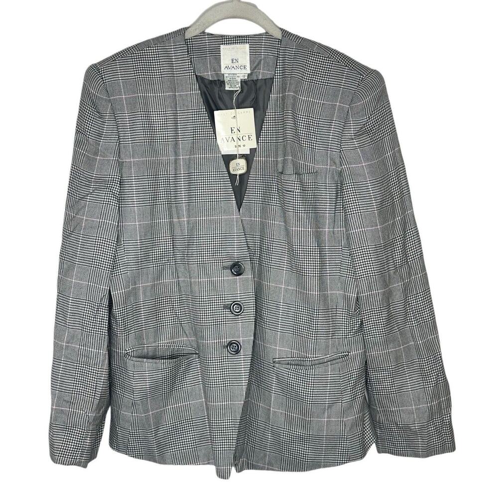 Vtg En Avance Women’s Button Houndstooth Gray V Neck Blazer Size 12 New